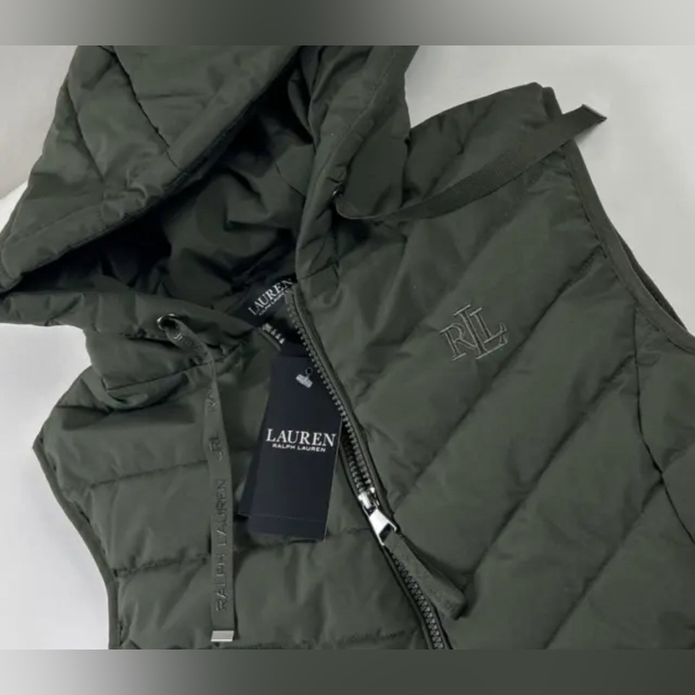 NWT $150 RALPH LAUREN Size L Women's Olive RLL Logo Stretch PUFFER Hooded Vest